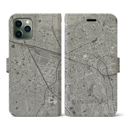 【新札幌（北海道）】地図柄iPhoneケース（手帳タイプ）モノトーン・iPhone 11 Pro 用