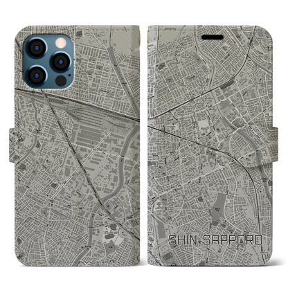 【新札幌（北海道）】地図柄iPhoneケース（手帳タイプ）モノトーン・iPhone 12 / 12 Pro 用