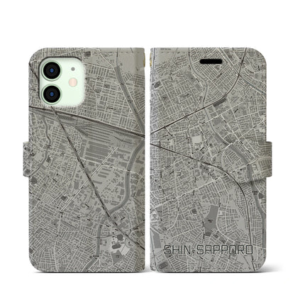 【新札幌（北海道）】地図柄iPhoneケース（手帳タイプ）モノトーン・iPhone 12 mini 用