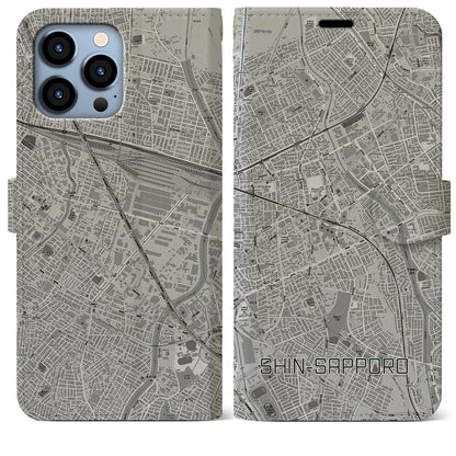 【新札幌（北海道）】地図柄iPhoneケース（手帳タイプ）モノトーン・iPhone 13 Pro Max 用