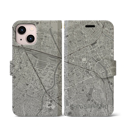 【新札幌（北海道）】地図柄iPhoneケース（手帳タイプ）モノトーン・iPhone 13 mini 用