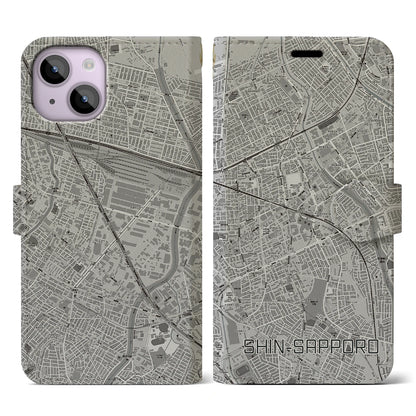 【新札幌（北海道）】地図柄iPhoneケース（手帳タイプ）モノトーン・iPhone 14 用