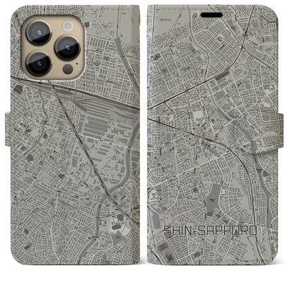 【新札幌（北海道）】地図柄iPhoneケース（手帳タイプ）モノトーン・iPhone 14 Pro Max 用