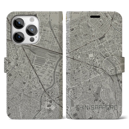【新札幌（北海道）】地図柄iPhoneケース（手帳タイプ）モノトーン・iPhone 14 Pro 用