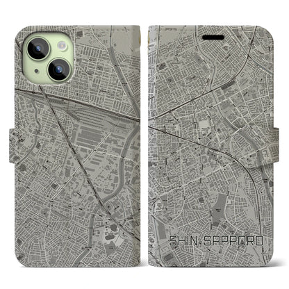 【新札幌（北海道）】地図柄iPhoneケース（手帳タイプ）モノトーン・iPhone 15 用