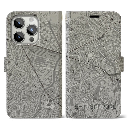 【新札幌（北海道）】地図柄iPhoneケース（手帳タイプ）モノトーン・iPhone 15 Pro 用