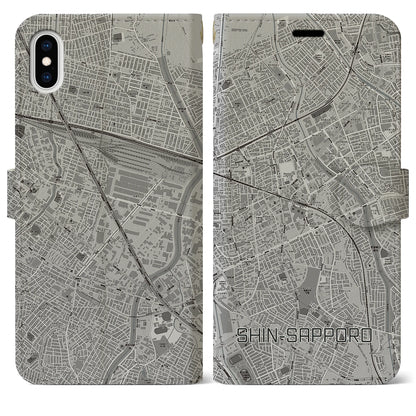 【新札幌（北海道）】地図柄iPhoneケース（手帳タイプ）モノトーン・iPhone XS Max 用