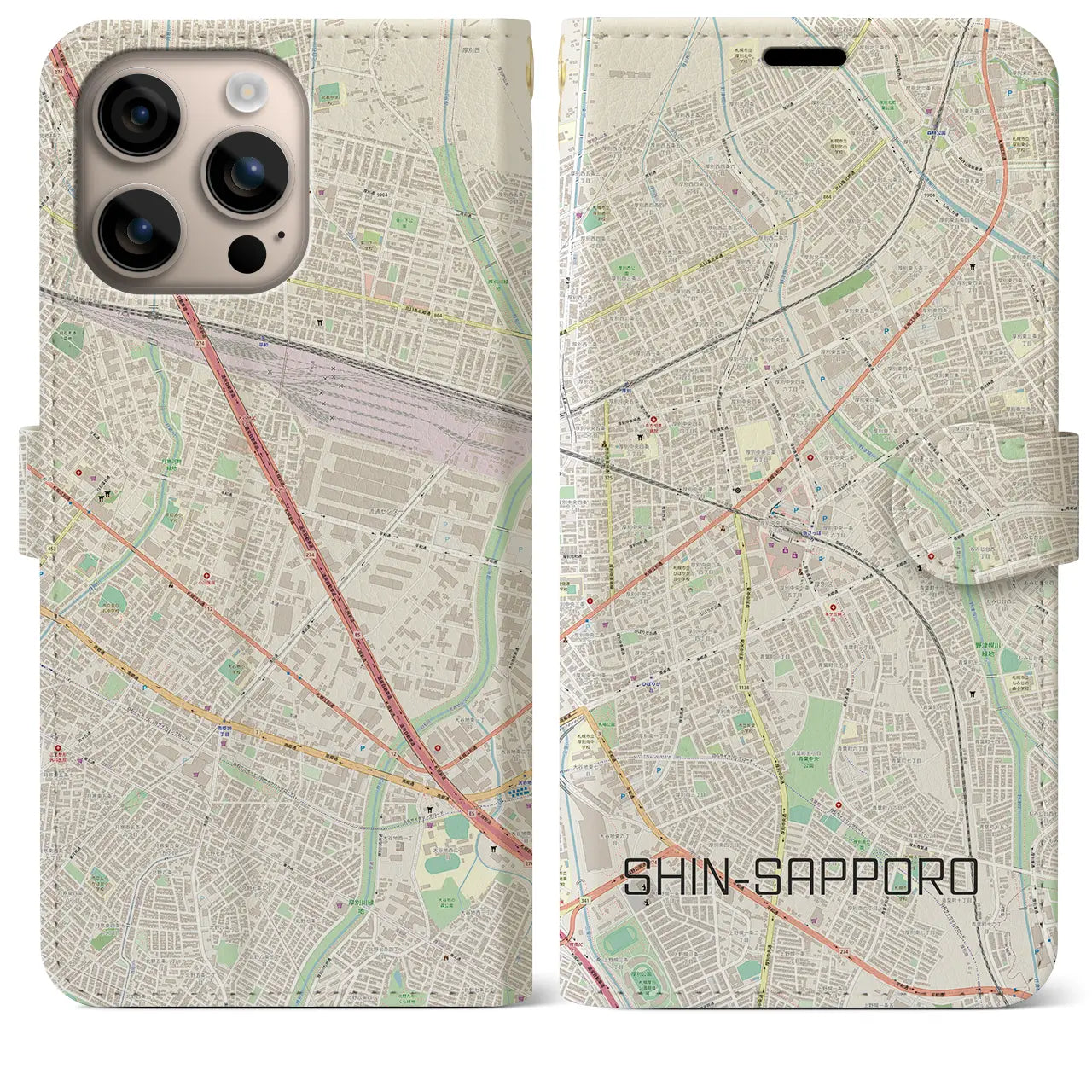 【新札幌（北海道）】地図柄iPhoneケース（手帳タイプ）ナチュラル・iPhone 16 Plus 用