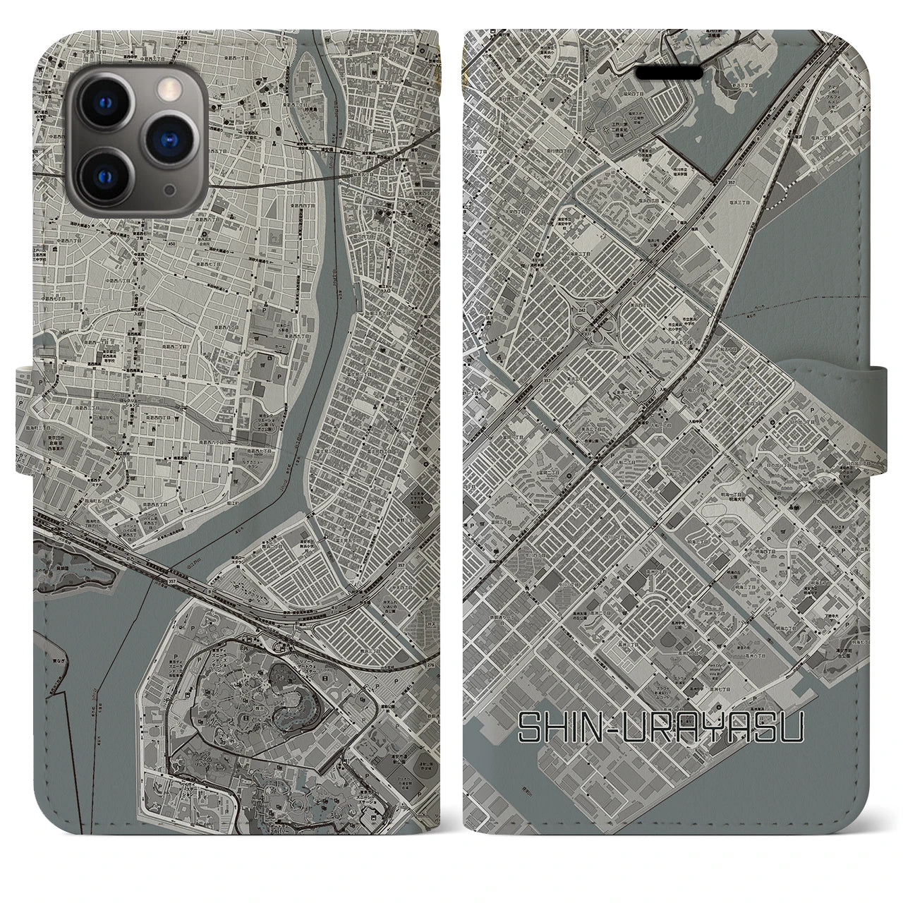 【新浦安】地図柄iPhoneケース（手帳両面タイプ・モノトーン）iPhone 11 Pro Max 用