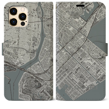 【新浦安（千葉県）】地図柄iPhoneケース（手帳タイプ）モノトーン・iPhone 12 Pro Max 用