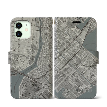 【新浦安（千葉県）】地図柄iPhoneケース（手帳タイプ）モノトーン・iPhone 12 mini 用