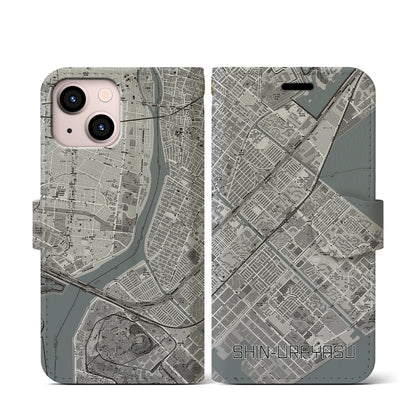 【新浦安（千葉県）】地図柄iPhoneケース（手帳タイプ）モノトーン・iPhone 13 mini 用