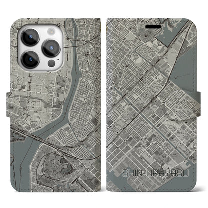 【新浦安（千葉県）】地図柄iPhoneケース（手帳タイプ）モノトーン・iPhone 14 Pro 用