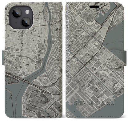 【新浦安（千葉県）】地図柄iPhoneケース（手帳タイプ）モノトーン・iPhone 14 Plus 用