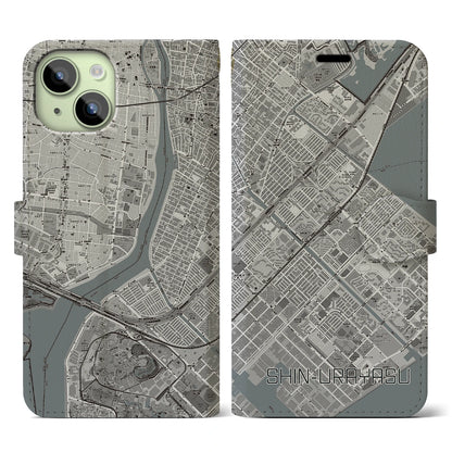 【新浦安（千葉県）】地図柄iPhoneケース（手帳タイプ）モノトーン・iPhone 15 用