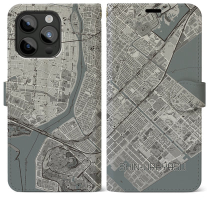 【新浦安（千葉県）】地図柄iPhoneケース（手帳タイプ）モノトーン・iPhone 15 Pro Max 用