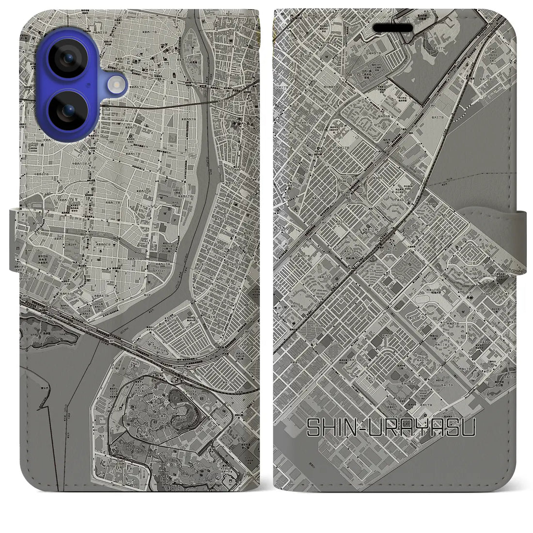 【新浦安(千葉県)】地図柄iPhoneケース(手帳タイプ)モノトーン・iPhone 16 Pro Max 用