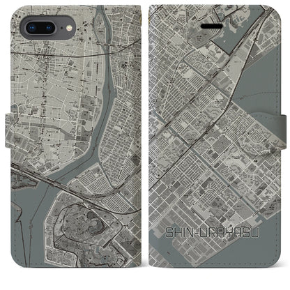 【新浦安（千葉県）】地図柄iPhoneケース（手帳タイプ）モノトーン・iPhone 8Plus /7Plus / 6sPlus / 6Plus 用