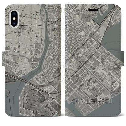 【新浦安（千葉県）】地図柄iPhoneケース（手帳タイプ）モノトーン・iPhone XS Max 用