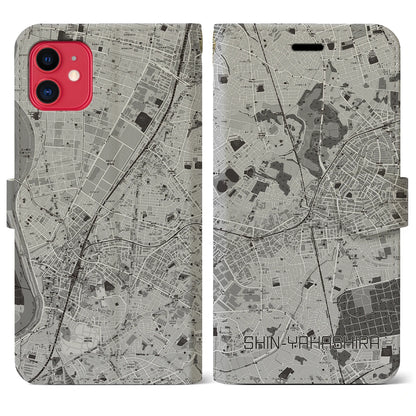 【新八柱（千葉県）】地図柄iPhoneケース（手帳タイプ）モノトーン・iPhone 11 用