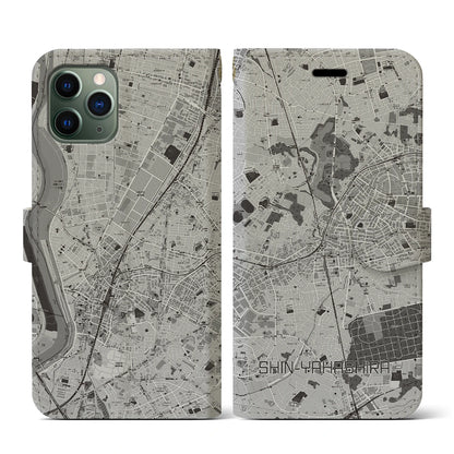 【新八柱（千葉県）】地図柄iPhoneケース（手帳タイプ）モノトーン・iPhone 11 Pro 用