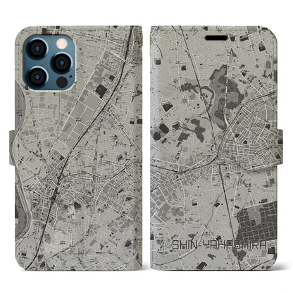 【新八柱（千葉県）】地図柄iPhoneケース（手帳タイプ）モノトーン・iPhone 12 / 12 Pro 用