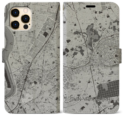 【新八柱（千葉県）】地図柄iPhoneケース（手帳タイプ）モノトーン・iPhone 12 Pro Max 用