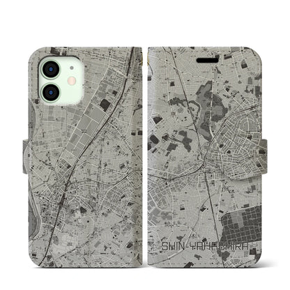 【新八柱（千葉県）】地図柄iPhoneケース（手帳タイプ）モノトーン・iPhone 12 mini 用