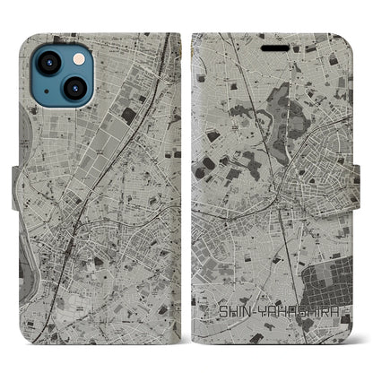 【新八柱（千葉県）】地図柄iPhoneケース（手帳タイプ）モノトーン・iPhone 13 用