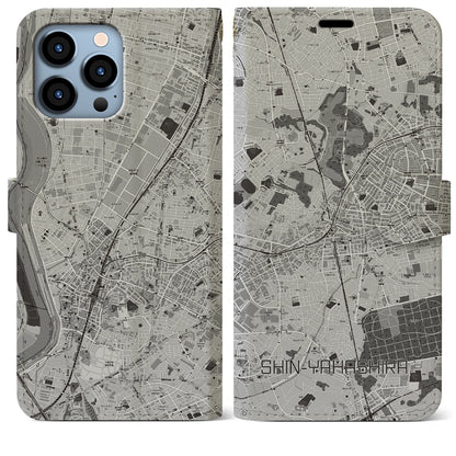 【新八柱（千葉県）】地図柄iPhoneケース（手帳タイプ）モノトーン・iPhone 13 Pro Max 用