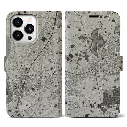 【新八柱（千葉県）】地図柄iPhoneケース（手帳タイプ）モノトーン・iPhone 13 Pro 用