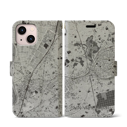 【新八柱（千葉県）】地図柄iPhoneケース（手帳タイプ）モノトーン・iPhone 13 mini 用