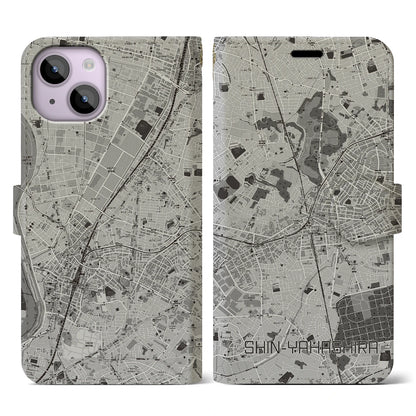 【新八柱（千葉県）】地図柄iPhoneケース（手帳タイプ）モノトーン・iPhone 14 用