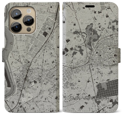 【新八柱（千葉県）】地図柄iPhoneケース（手帳タイプ）モノトーン・iPhone 14 Pro Max 用