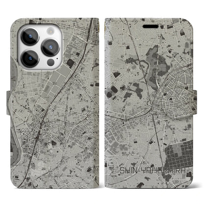 【新八柱（千葉県）】地図柄iPhoneケース（手帳タイプ）モノトーン・iPhone 14 Pro 用