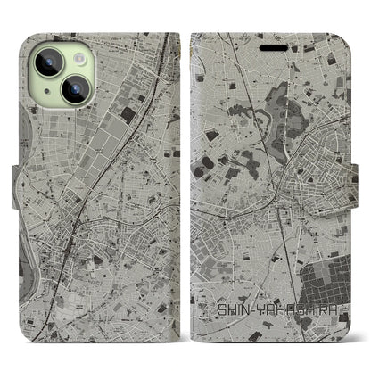 【新八柱（千葉県）】地図柄iPhoneケース（手帳タイプ）モノトーン・iPhone 15 用