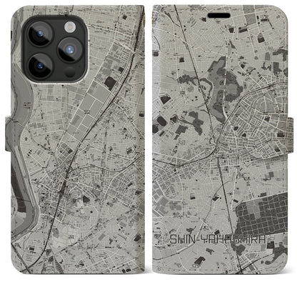 【新八柱（千葉県）】地図柄iPhoneケース（手帳タイプ）モノトーン・iPhone 15 Pro Max 用