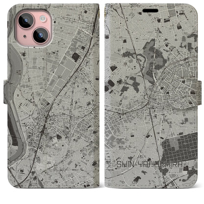 【新八柱（千葉県）】地図柄iPhoneケース（手帳タイプ）モノトーン・iPhone 15 Plus 用