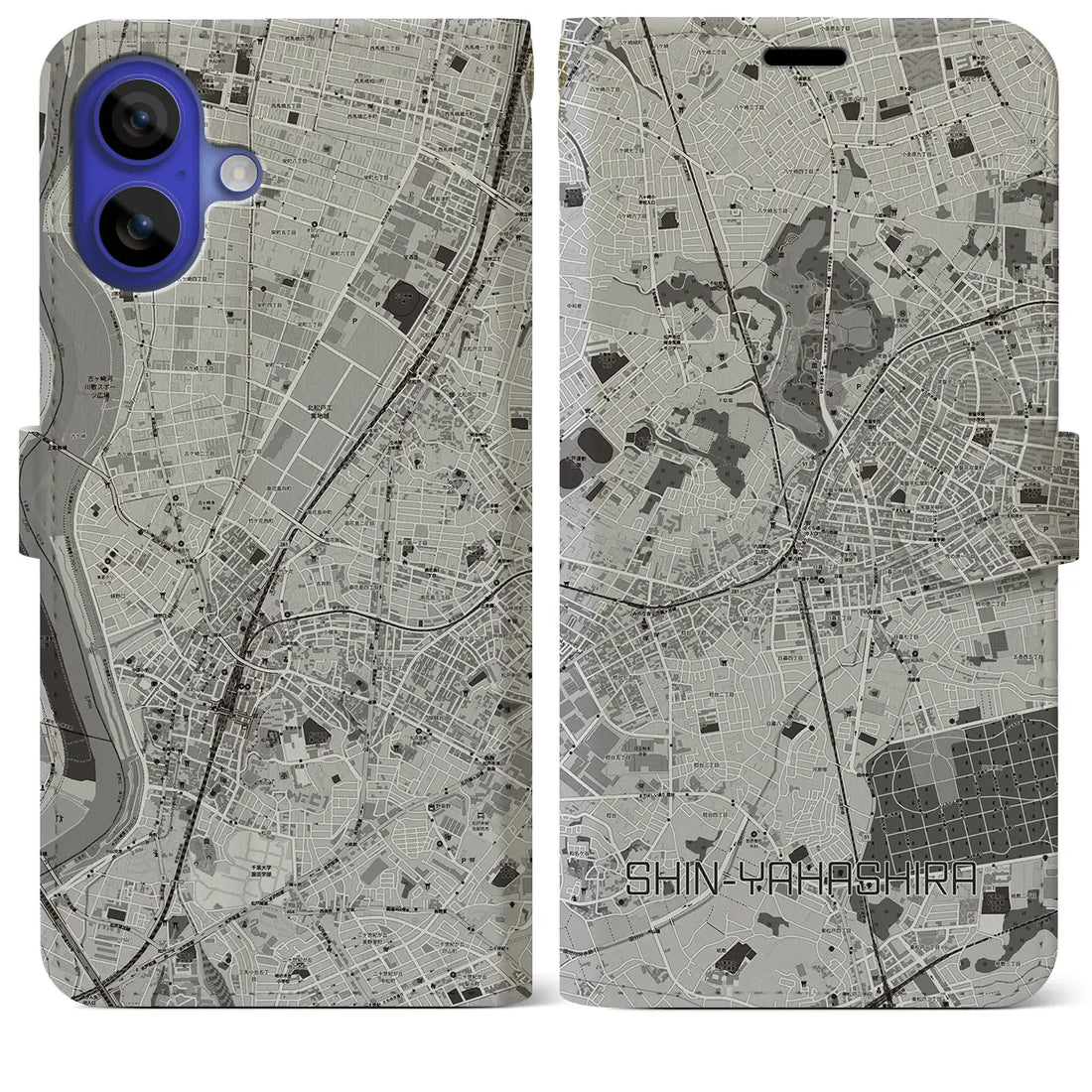 【新八柱(千葉県)】地図柄iPhoneケース(手帳タイプ)モノトーン・iPhone 16 Pro Max 用