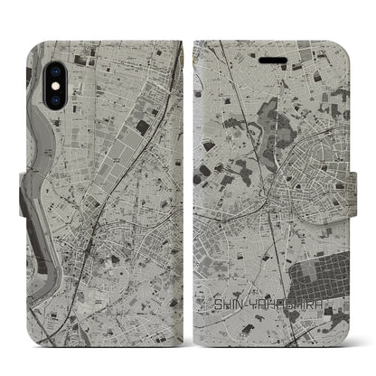 【新八柱（千葉県）】地図柄iPhoneケース（手帳タイプ）モノトーン・iPhone XS / X 用