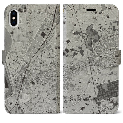 【新八柱（千葉県）】地図柄iPhoneケース（手帳タイプ）モノトーン・iPhone XS Max 用