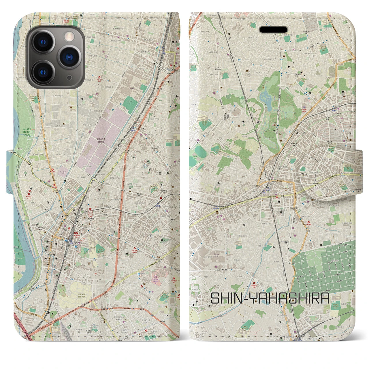 【新八柱】地図柄iPhoneケース（手帳両面タイプ・ナチュラル）iPhone 11 Pro Max 用