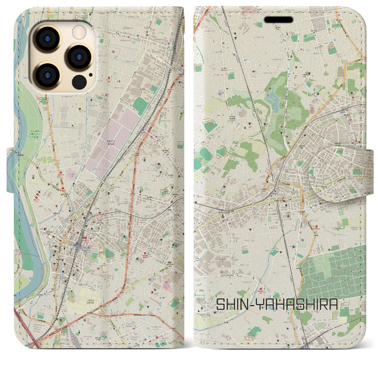 【新八柱】地図柄iPhoneケース（手帳両面タイプ・ナチュラル）iPhone 12 Pro Max 用