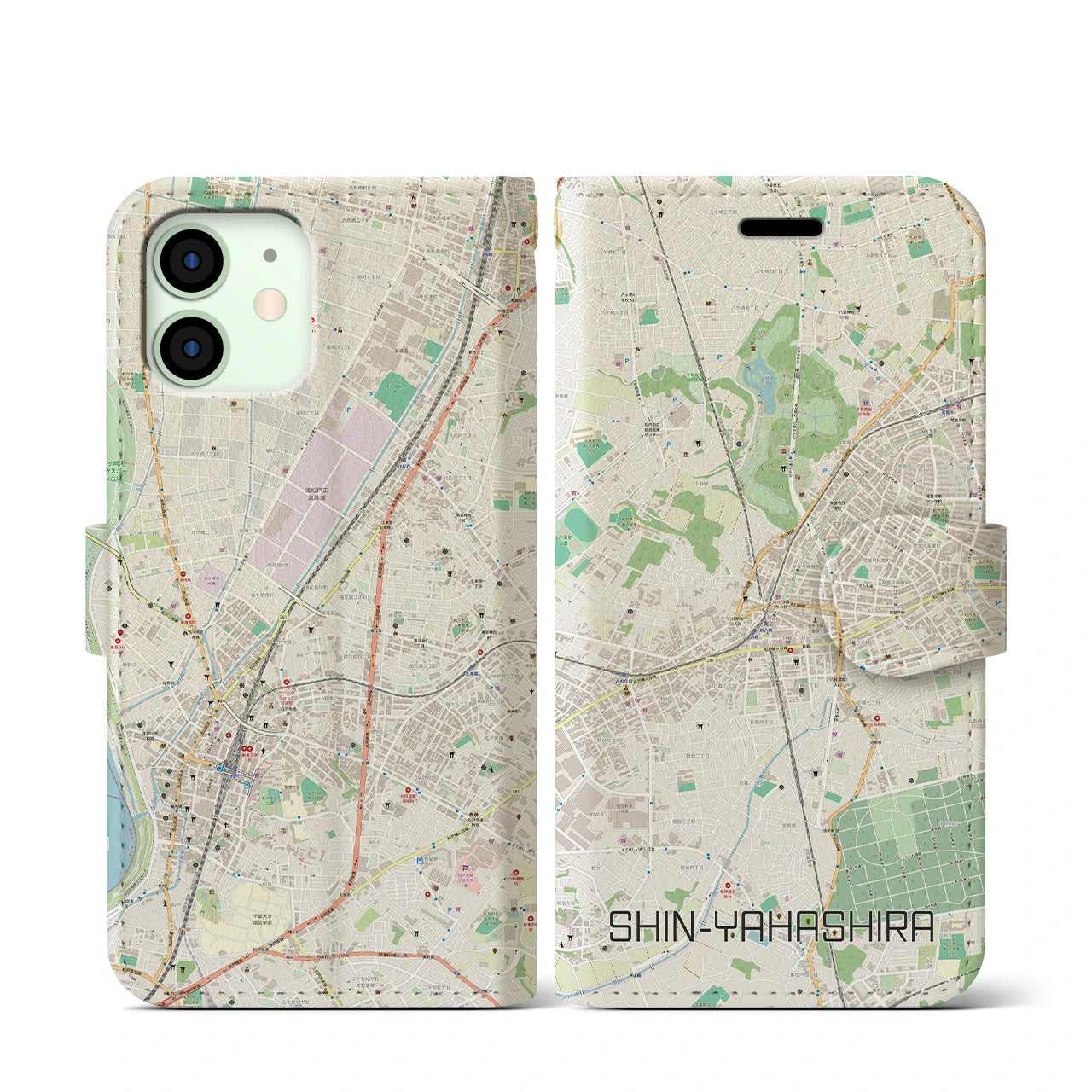 【新八柱】地図柄iPhoneケース（手帳両面タイプ・ナチュラル）iPhone 12 mini 用