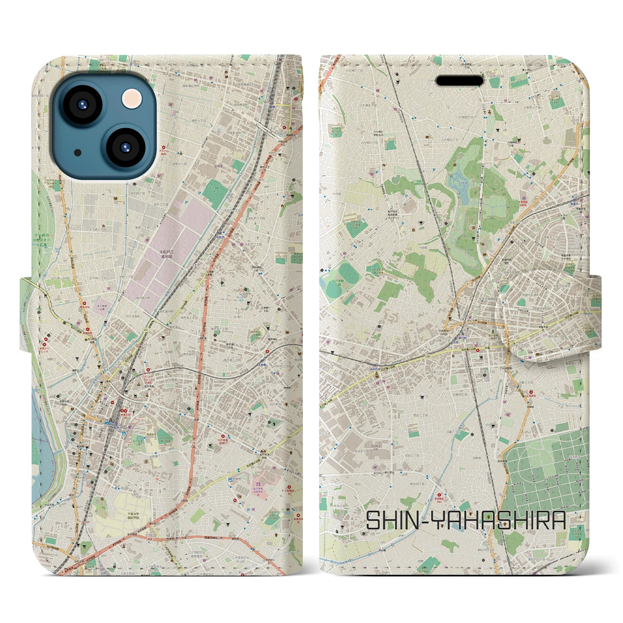 【新八柱】地図柄iPhoneケース（手帳両面タイプ・ナチュラル）iPhone 13 用