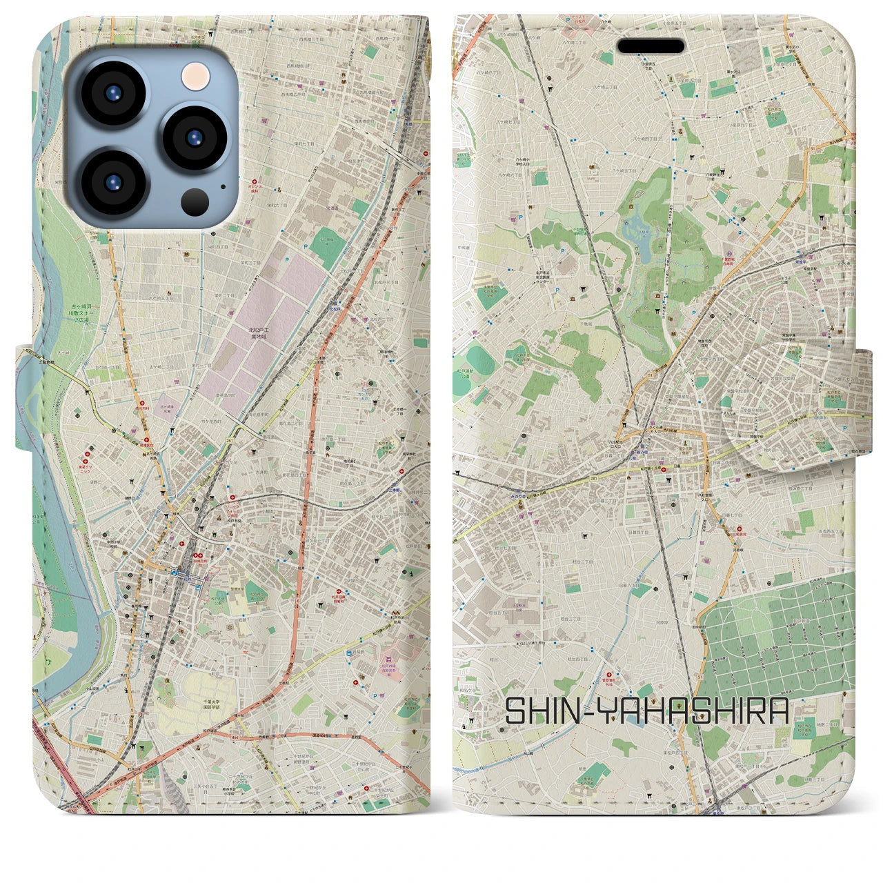 【新八柱】地図柄iPhoneケース（手帳両面タイプ・ナチュラル）iPhone 13 Pro Max 用