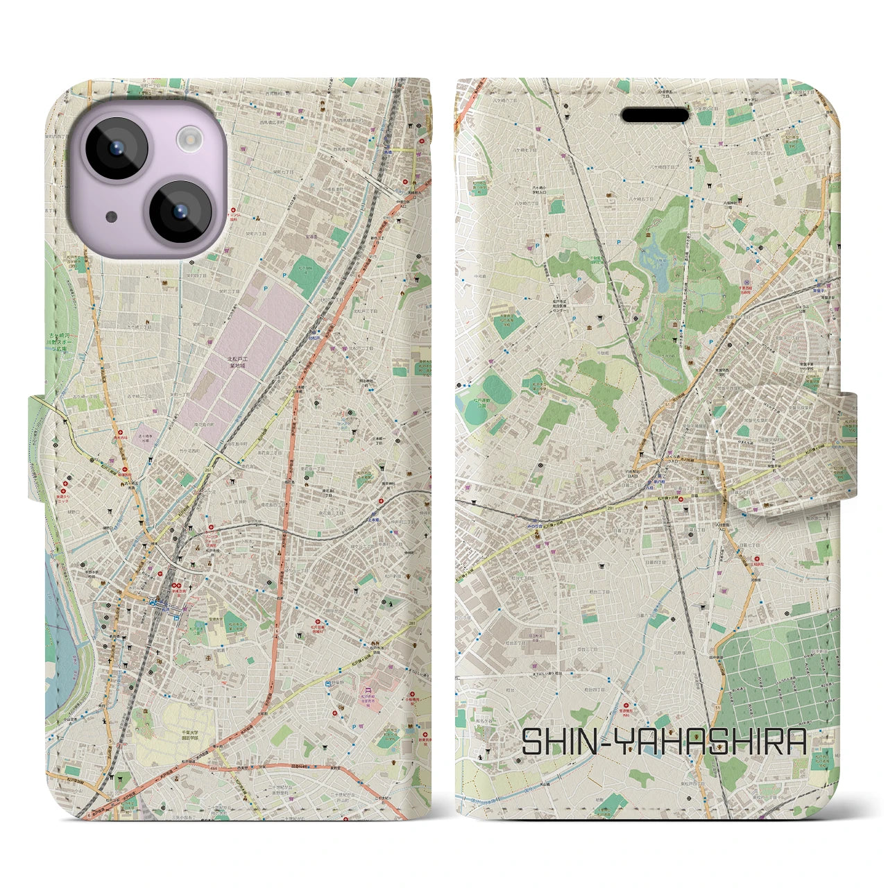 【新八柱】地図柄iPhoneケース（手帳両面タイプ・ナチュラル）iPhone 14 用