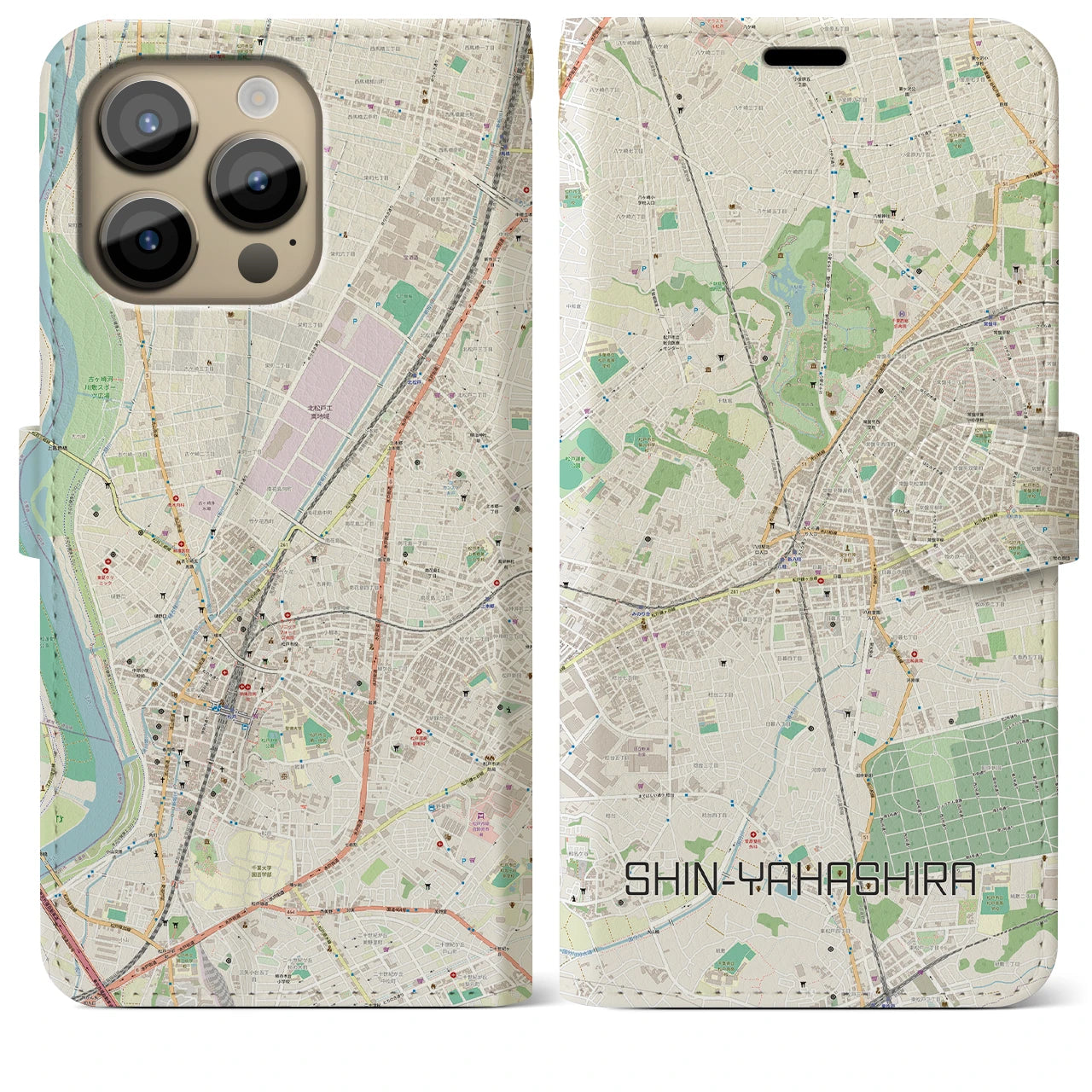 【新八柱】地図柄iPhoneケース（手帳両面タイプ・ナチュラル）iPhone 14 Pro Max 用