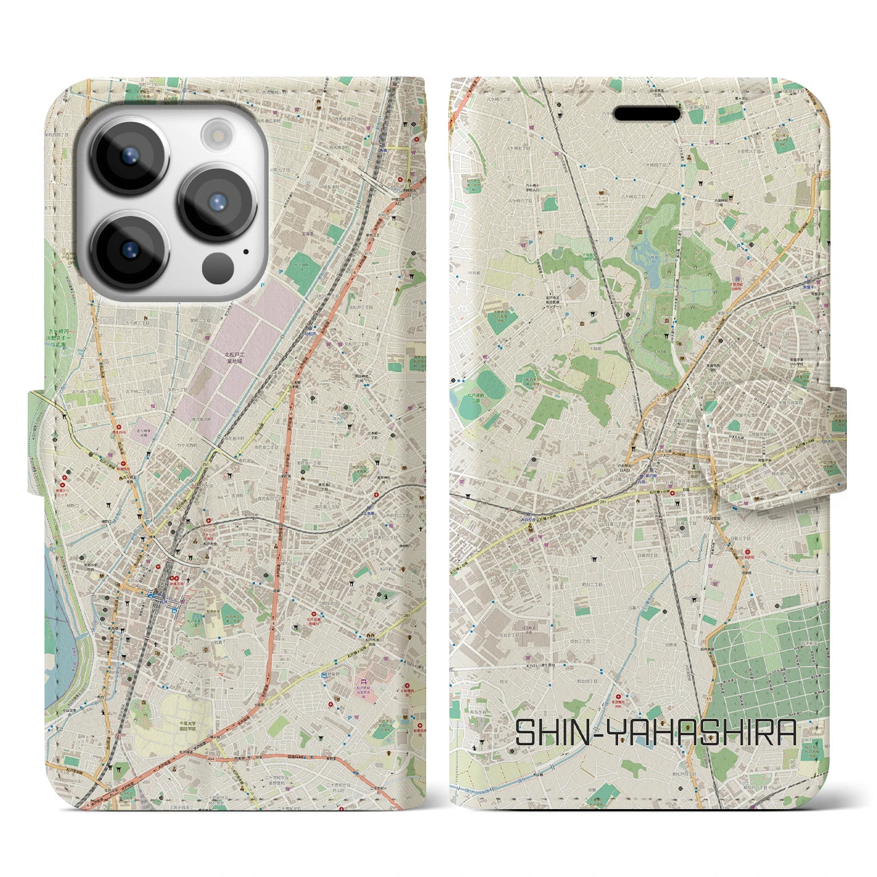 【新八柱】地図柄iPhoneケース（手帳両面タイプ・ナチュラル）iPhone 14 Pro 用