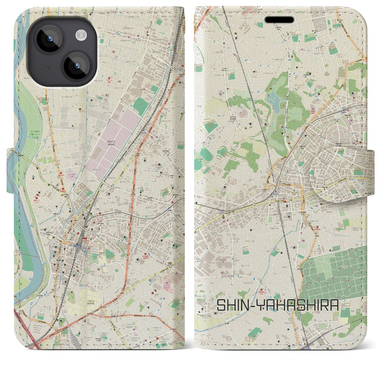 【新八柱】地図柄iPhoneケース（手帳両面タイプ・ナチュラル）iPhone 14 Plus 用